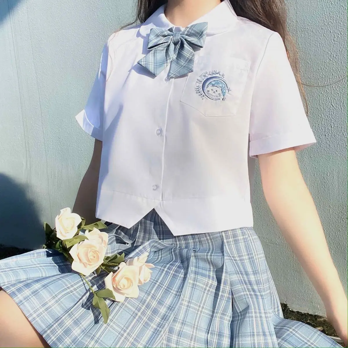 Bear Embroidery Shirt Cos JK Shirt Girl's School Top JK Shirt Short Sleeved Embroidered Top Summer Short Ball Collar Uniform