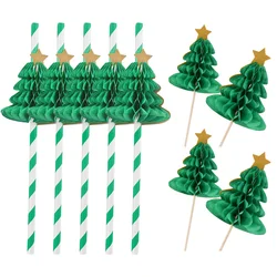 10Pcs Christmas Tree Cupcake Topper Honeycomb Paper Straw 2024 Christmas Party Cake Decoration 2025 New Year Food Fruit Picks