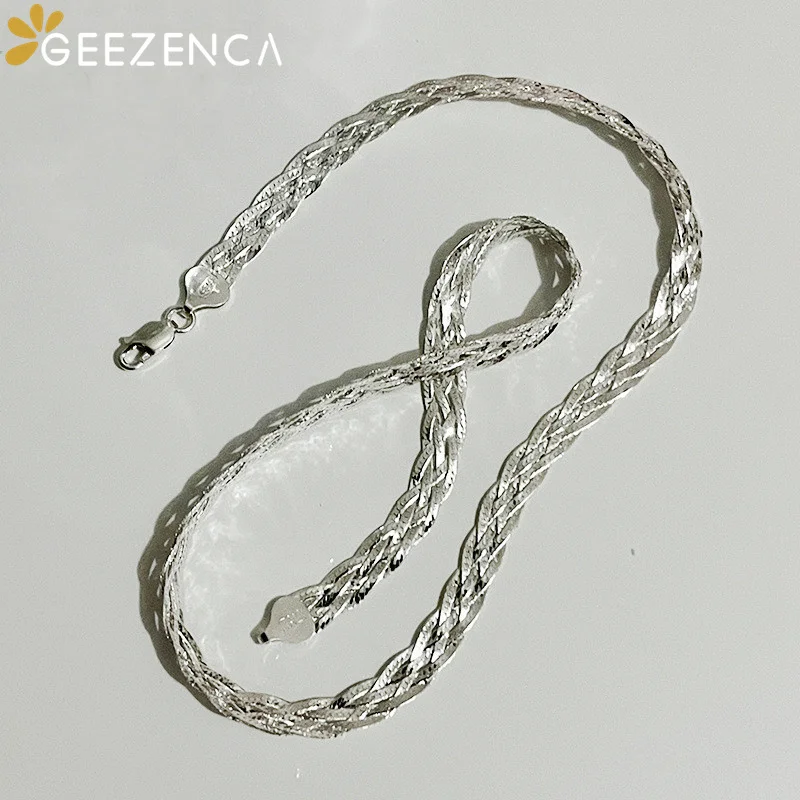 

GEEZENCA Italian S925 Silver Women's Choker Necklace 45cm Woven Multi Threads Blade Chain Necklaces High Quality Luxury Gift