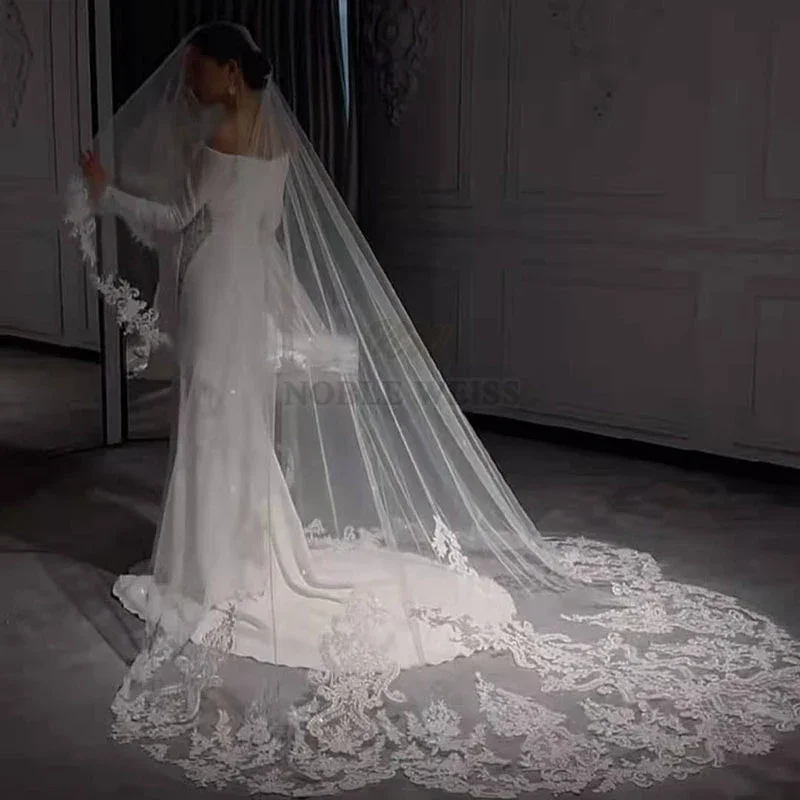 Velo da sposa lungo 350 cm bordo applicato Veli da sposa lunghi in pizzo a uno strato con pettine Velo da sposa lungo personalizzato