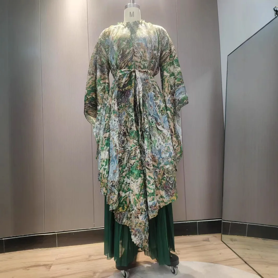 Miyake Fashion Temperament Dwuczęściowy zestaw, luksusowa luźna odzież damska z nadrukiem, zestaw z szerokimi spodniami z wysokim stanem