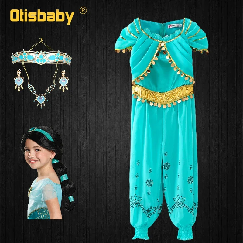 فستان الأميرة الياسمين الرائع للفتيات ، زي الهالوين للأطفال ، شعر مستعار مطرز ، أزياء عربية ، بذلة أطفال