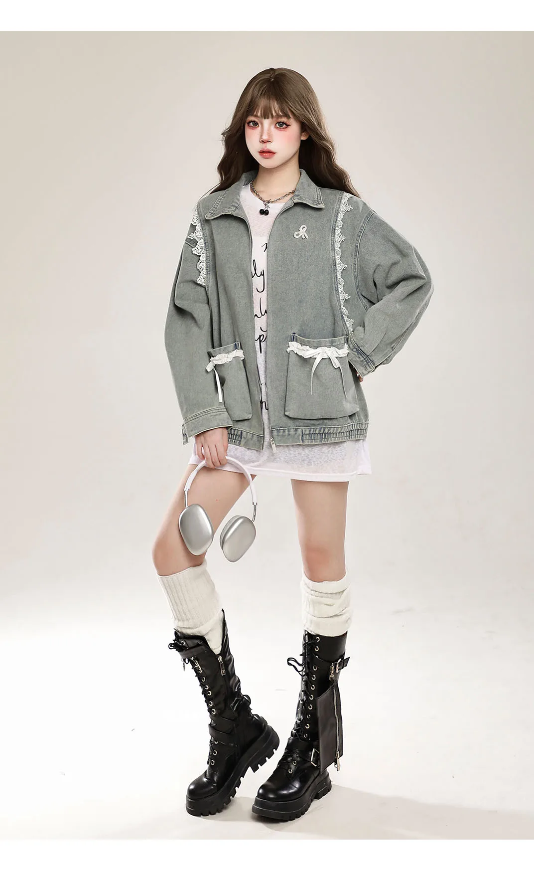 Kawaii Bow Lace Cowboy Jacket for Women, Cuteore Girl Hooded Clothes, Y2k Casual Harajuku Hoodies Jacket, Fashion Coat, Korea, 2000s