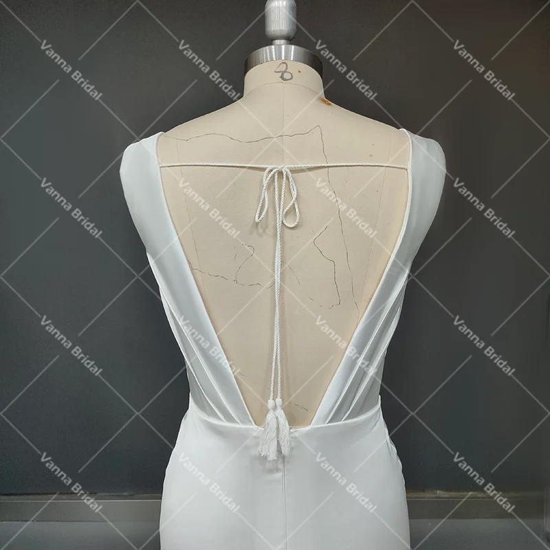 Vestido de noiva com bainha sereia, costas abertas, decote em barco, sem mangas, borlas cruzadas, vestido de noiva franzido, costas nuas, simples, personalizado