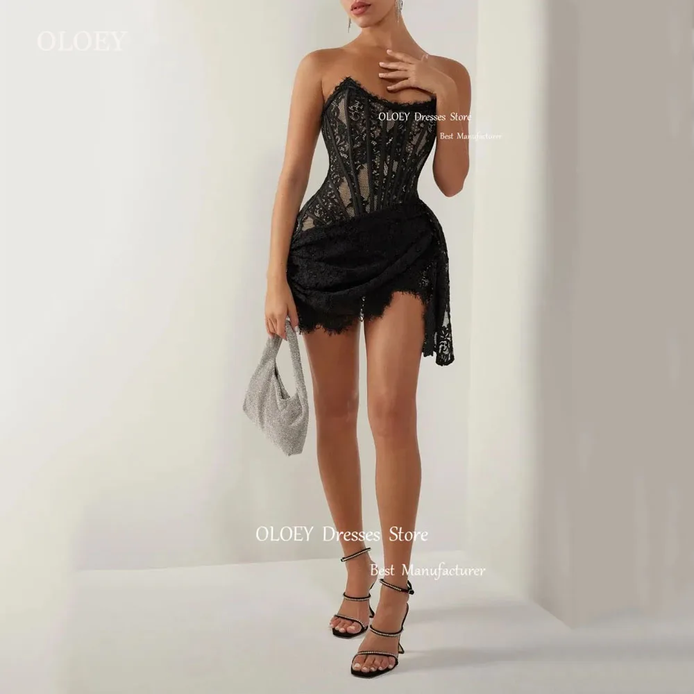 

OLOEY Sexy Black Short Full Lace Prom Party Dresses Corset Draped Summer Beach Cocktail Dress African Women Night Event Gowns