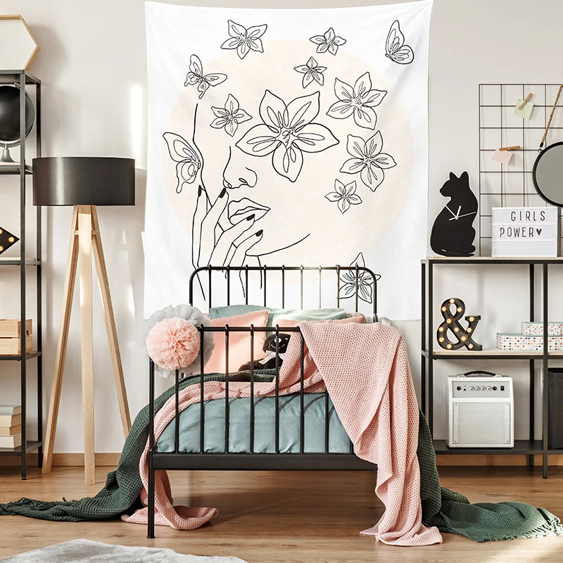 

European and American style simple line flower beauty pattern printing tapestry home decoration background cloth 1 piece