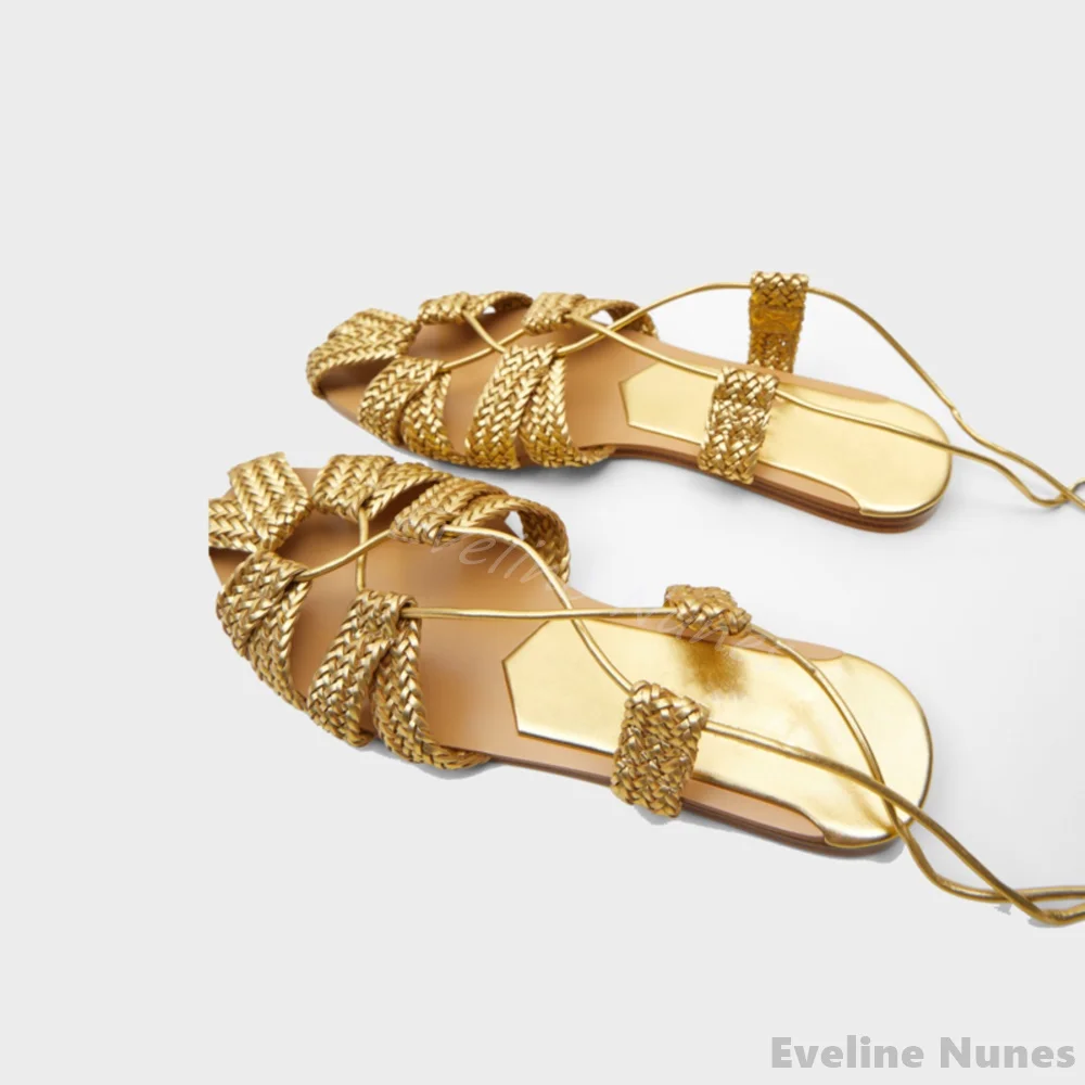 Strappy Woven Gladiator Sandals Women Gold Bohemian Style Closed Toe Hollow Flat Casual Sandals Summer New Beach Travel Sandals