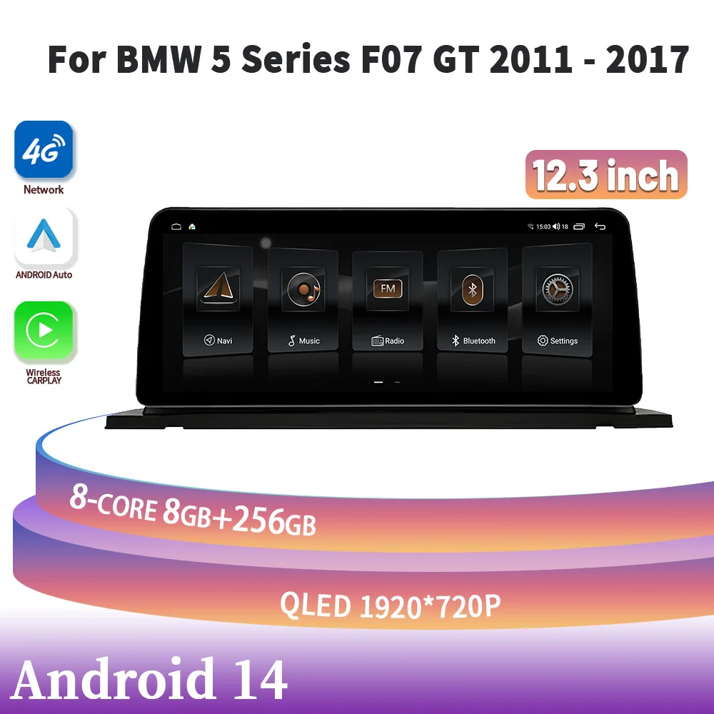 Car Multimedia Navigation 12.3‘’ Android 14 For BMW 5 Series F07 GT 2011 - 2017 Head Unit WIFI Wireless Carplay Stereo Screen