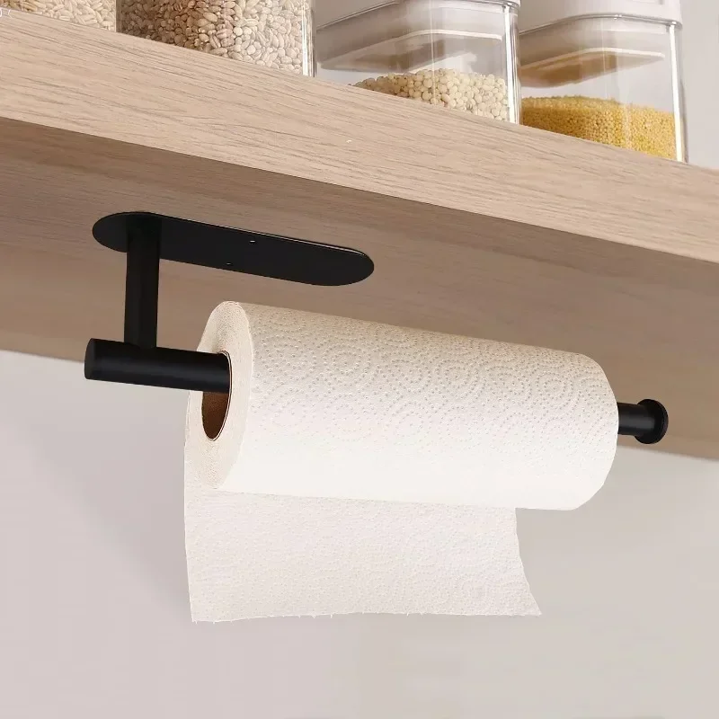 

Paper Towel Holder Under Cabinet Wall Mount Stainless Steel Black Kitchen Paper Towel Rack Self Adhesive No Drilling Bathroom