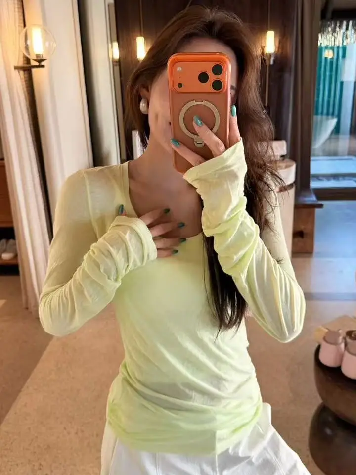 

Loose Knitted Long Sleeve T-Shirt Pure Color Casual Style Women's Top Breathable Thin Cotton Tee Versatile Fashionable Basic
