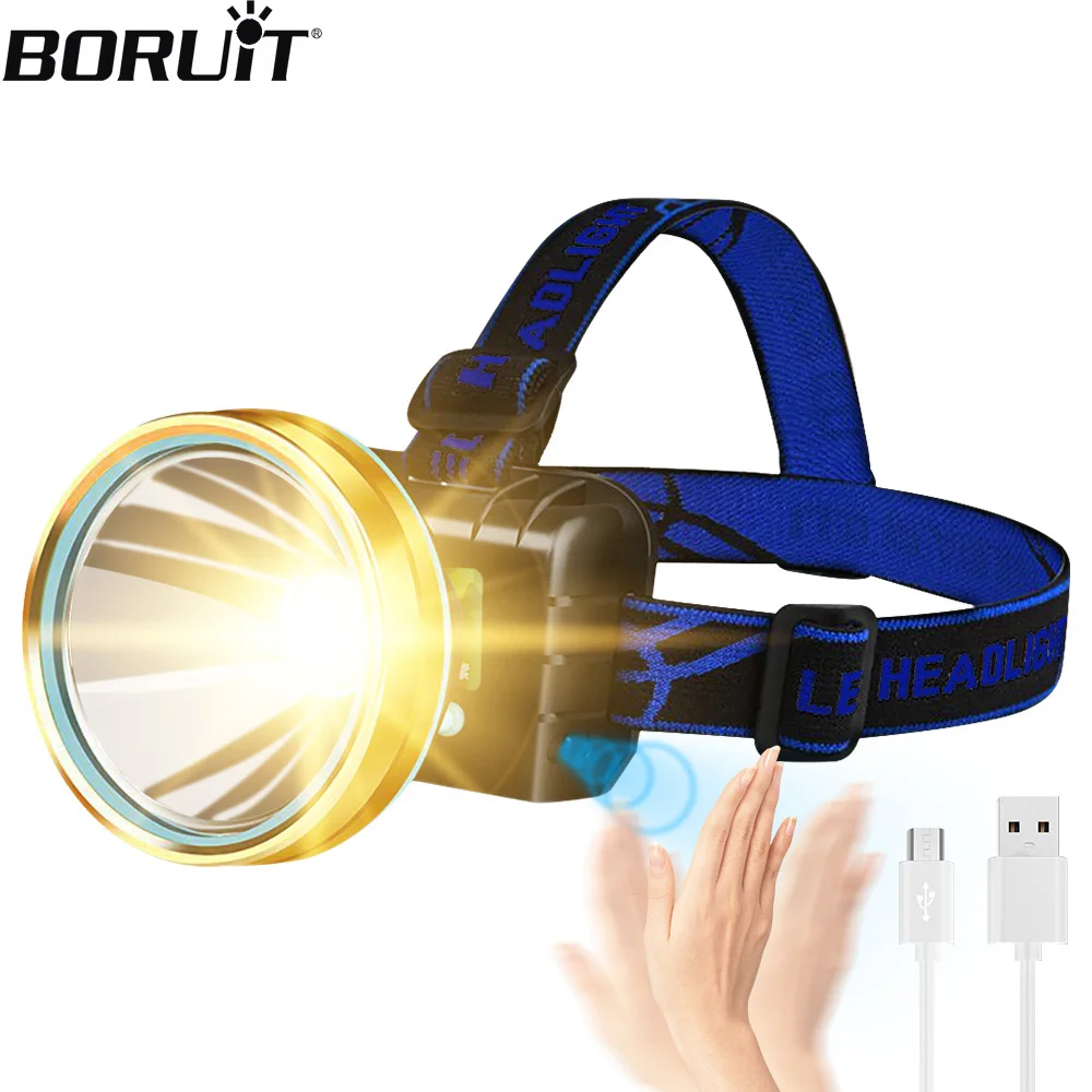 BORUiT LED Induction Headlights 1000LM 3-Modes USB Rechargeable Strong Light Headlamp Waterproof Head Torch for Camping Fishing