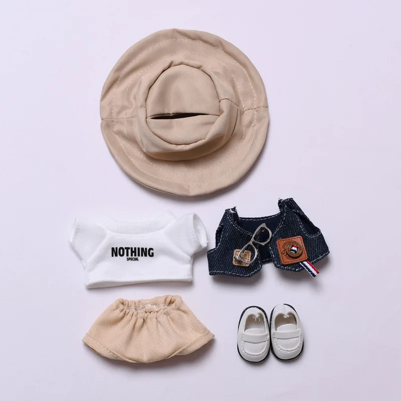 

Плюшевая кукольная одежда ручной работы, модная повседневная шляпа цвета хаки, ковбойский жилет, очки, кожаная обувь, комплект для 17 см, аксессуары для одежды Labubu