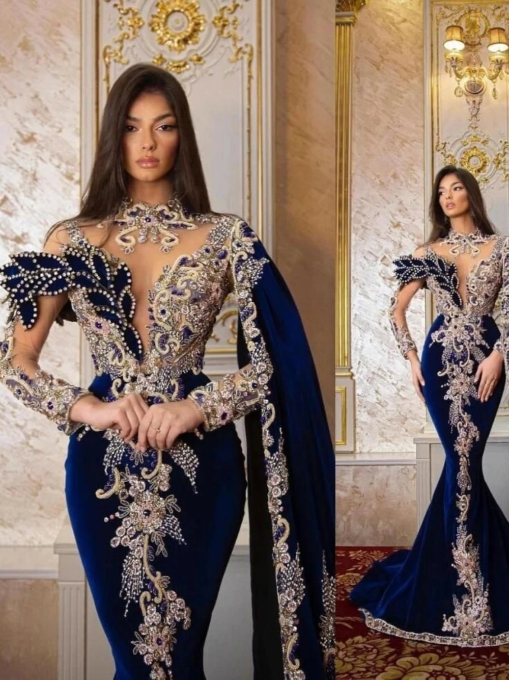 2025 vestido de noite de veludo azul real requintado festa de aniversário eleagnt baile de formatura beading sereia vestido personalizado elegante wear