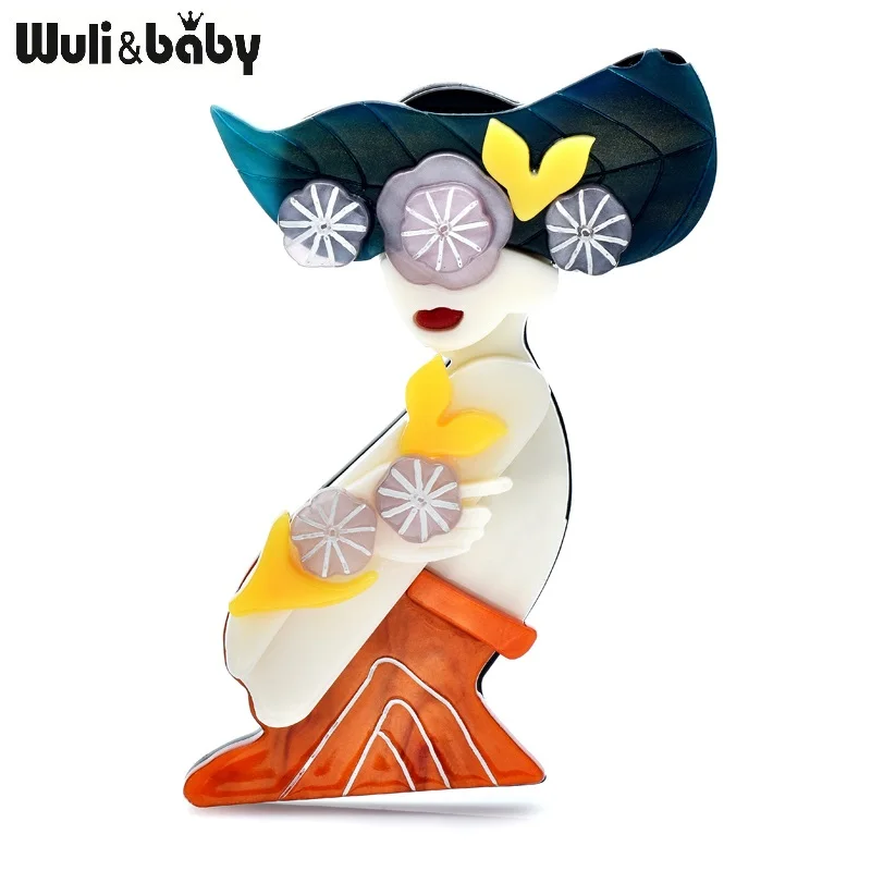 Wuli&baby Acrylic Modern Lady Brooches For Women 2-color Beautiful Flower Girl Figure Party Office Brooch Pins Gifts