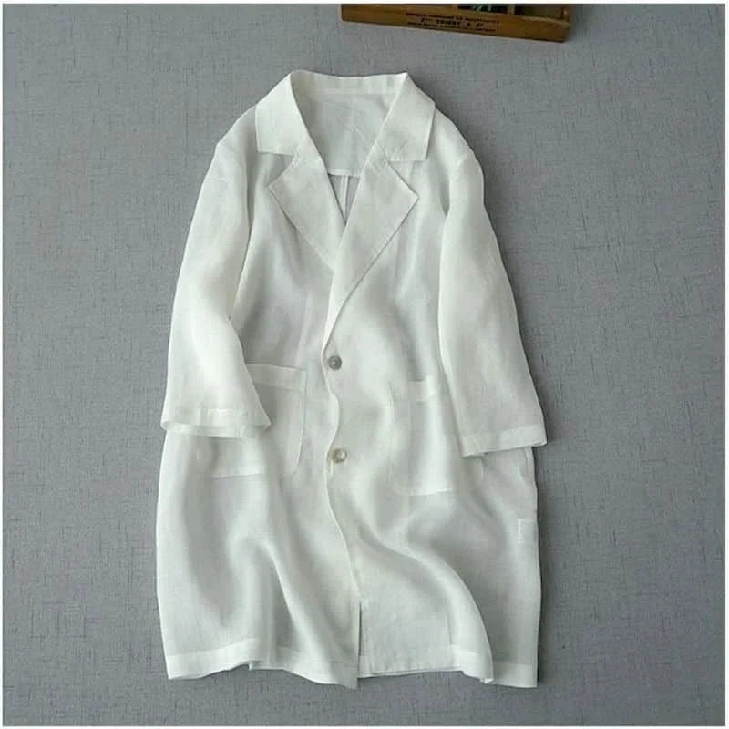 Cotton Linen Blazers for Women Vintage Long Sleeve Casual Korean Style Outerwears Mid Length Tailored Collar Coats Women Tops