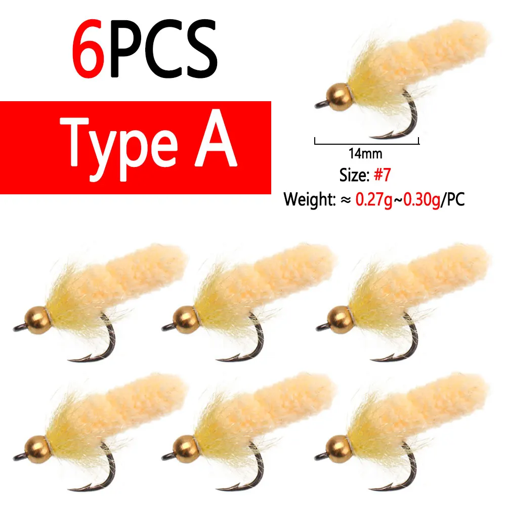 Bimoo 6 Stück Messing-/Wolfram-Kugelkopf-Mop-Fliegen, künstliche Kranichfliegen, Caddis-Larven, Nass-Jig-Nymphenfliegen für Forellen- und Fischgrälfischerei