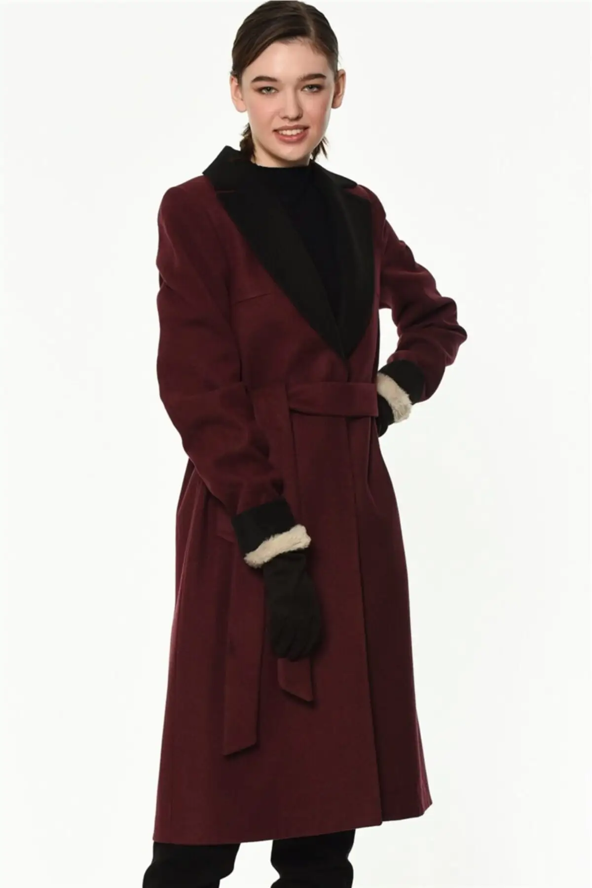 

Women's Coats Burgundy Black Long Sleeve Thick Belt Stylish Elegant Useful 2021 Winter Autumn Fashion Outerwear Coats