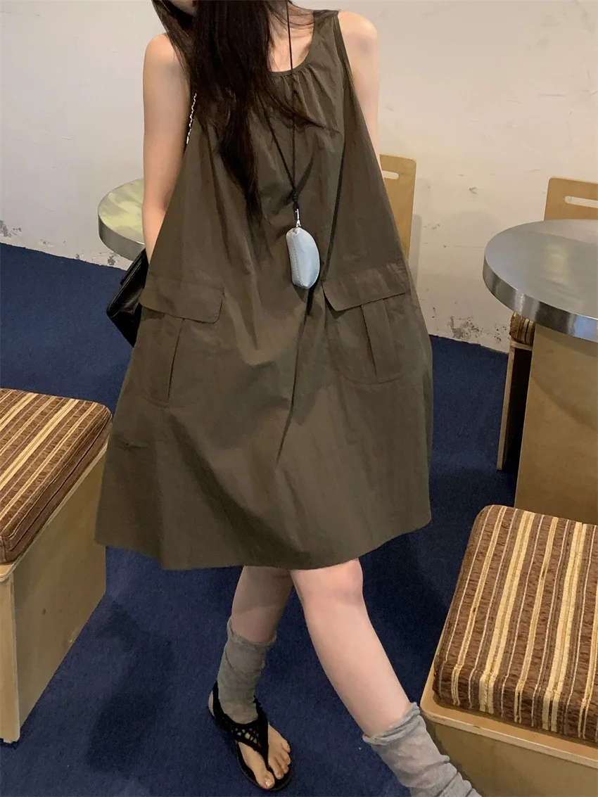

Alien Kitty 2025 Vintage Vest Dress Solid Summer High Street Loose Camping Minimalist Women New Fashion Casual All Match