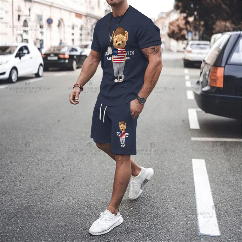 2023 New Men\'s T-Shirt Set Bear Luxury Brand High Quality Shorts Activewear 2 Piece Set Fashion Print Summer Men\'s Streetwear