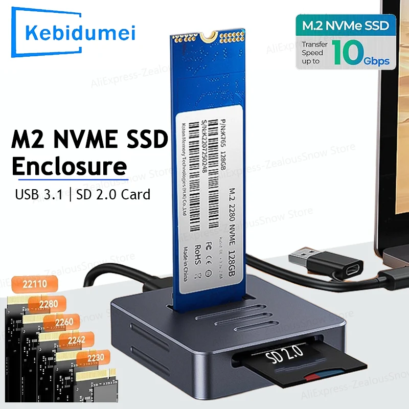

10Gbps M.2 PCIE NVME SSD Hard Disk Base USB3.1 Direct Plug in SSD Adapter Supports SD 2.0 card M.2 Case for 2230/42/60/80 22110