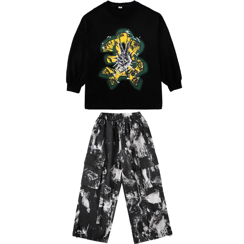 Kid Kpop Hip Hop Kleding Zwart Sweatshirt Casual Brede Band Print Cargo Broek voor Meisje Jongen Street Dance Wear Kostuums Kleding