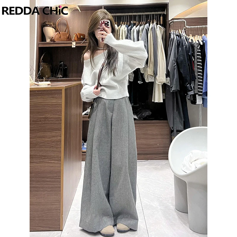 REDDACHiC Office Women Gray Plain Suit Pants Solid Pleat High Waist Straight Loose Formal Wide Leg Pants Work Casual Clothes