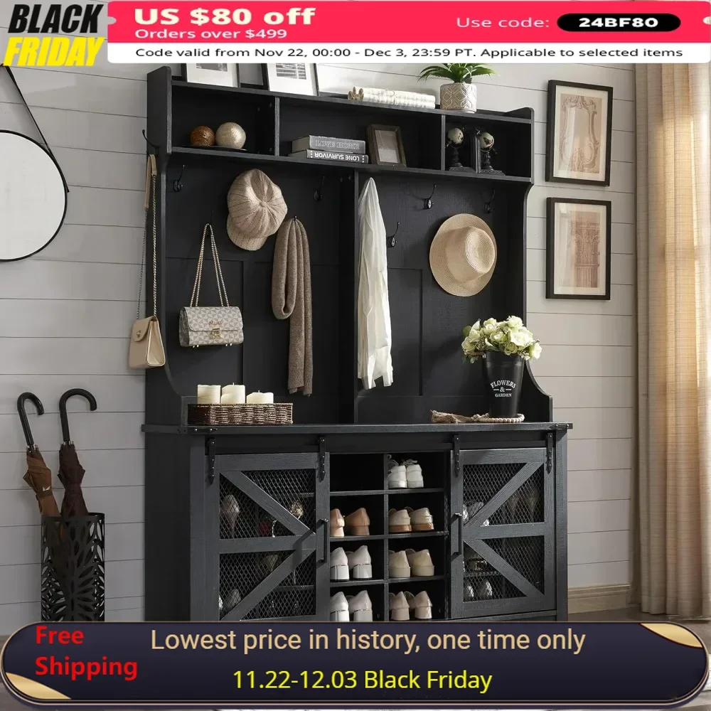 

Shoe Storage with Coat Rack & 20 Shoe Cubbies & 12 Coat Hooks Farmhouse Entryway Bench & Sliding Barn Doors Shoe Rack