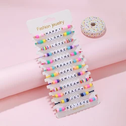 12Pcs/set Girls' Positive Energy Encouragement Words Soft Clay Beads Beaded Adjustable Braided Bracelet Best Gift