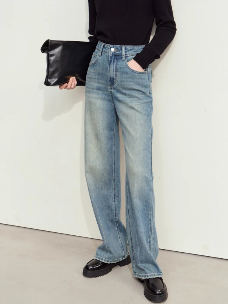 Amii Minimalism jeans pants for woman 2025 Autumn New Cotton Printed Leather Color Contrast Straight Retro Trendy Pants 12423076