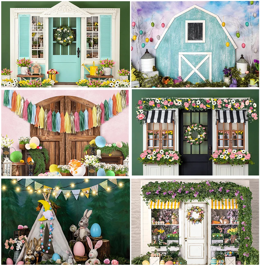 Spring Happy Easter Tent Bunny Camping Backdrops Photography Children Portrait Wooden Door Floral Plants Backgrounds Photozone