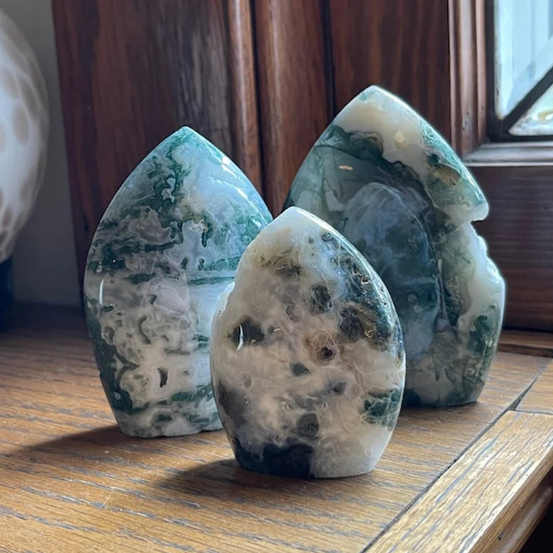 Moss Agate Crystal Flame Geode Collection Meditation Decor Irregular Feng Shui Druzy Forest Chalcedony Gemstone Specimen Statue