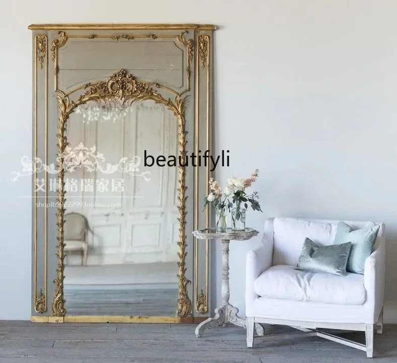 

European solid wood carving flower, floor mirror American retro wedding shop fitting mirror