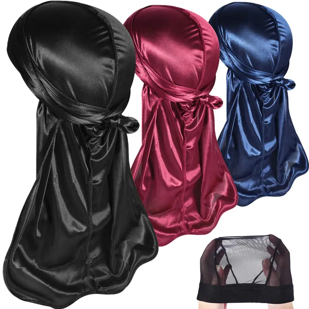 3-teiliges seidiges Durag-Kopftuch, Durag für Männer und Frauen, mit gratis Wellen, Kappe, Durags-Pack mit langem Schwanz und breiten Trägern, Bandanas – Detail 2