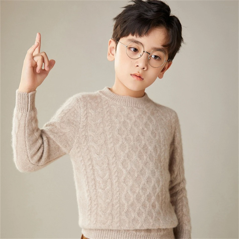 

Children winter 100% wool sweater boys girl leisure time Round neck pullover sweater Korean style solid color thickening sweater