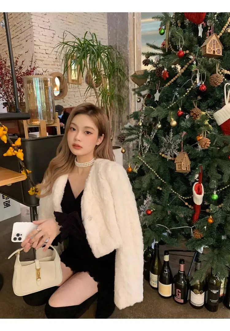 Chic V Neck Cropped Faux Rabbit Fur Jacket Women Elegant Single Button Plush Coats Woman Autumn Winter Fluffy Fleece Outerwear