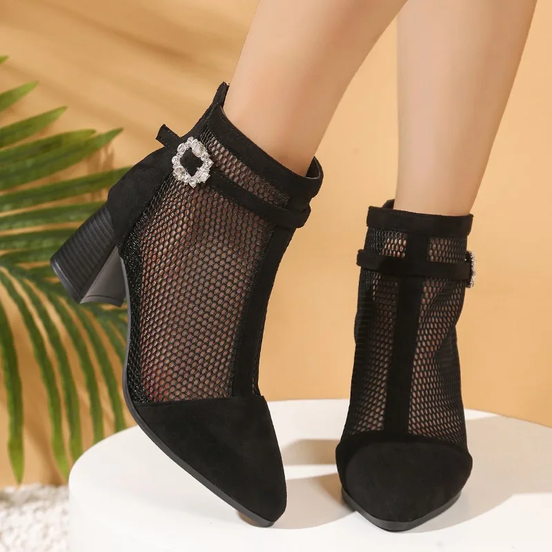 

Pointed Toe Sandals for Women Spring and Autumn New Pointed Toe Genuine Leather High Top Thick High Heel Mesh Hollow Sandals
