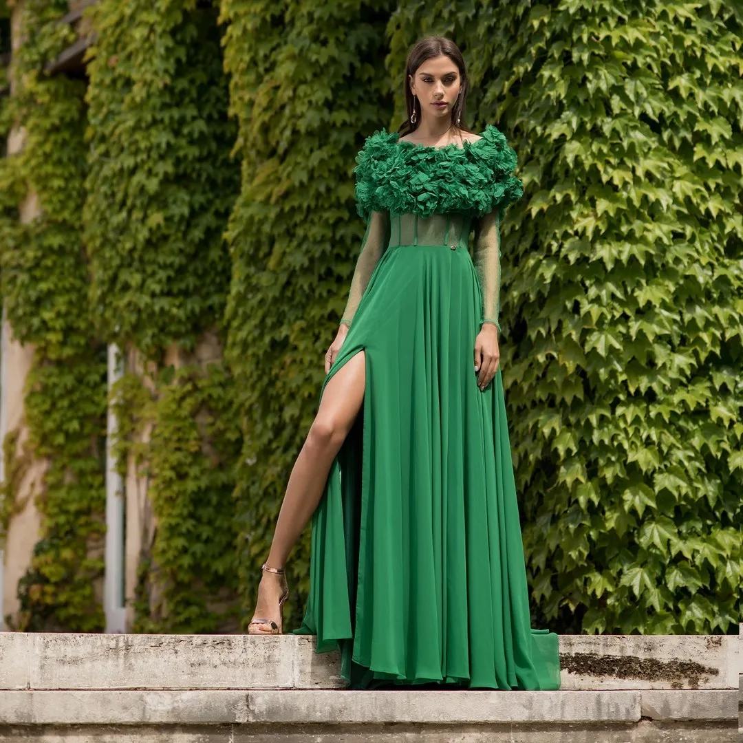 Elegant Emerald Green Bloom Split Long Chiffon Maxi Dresses See Thru Full Sleeves A-line Women Formal Party Dresses