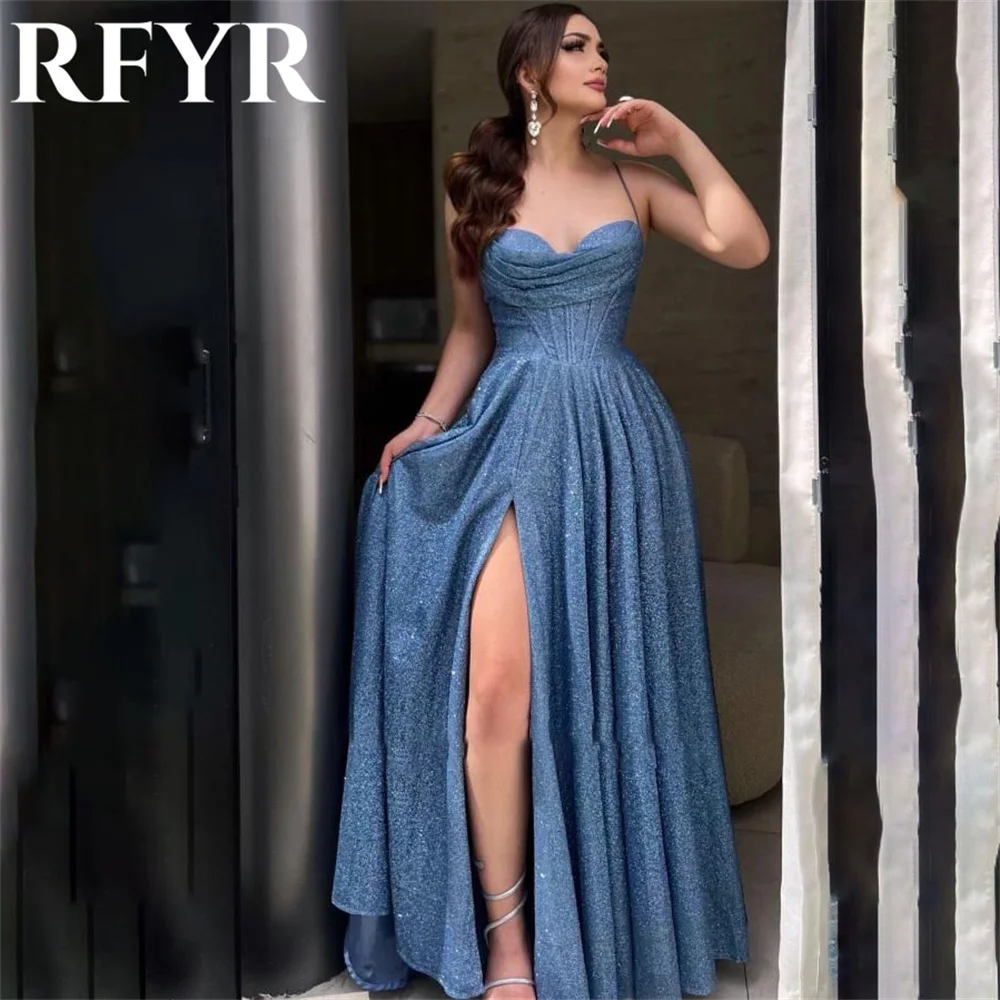 

RFYR Blue Elegant Sweetheart Women Evening Dress Simple Sleeveless with Pleat Spaghetti Strap Prom Formal Gowns Dress Customized