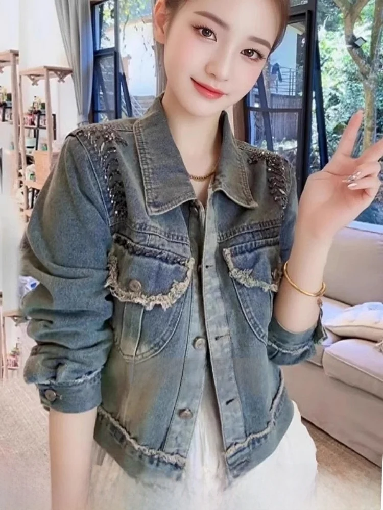 

Женская джинсовая куртка с бисером и вышивкой, прямого кроя, с длинными рукавами, на пуговицах, повседневная, весенняя, модная