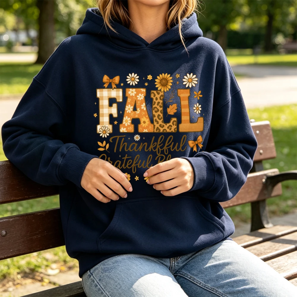 Cute Women Fall Hoodie Thankful Grateful Blessed Graphic Sweatshirt Sunflower Leopard Print Pullover Autumn Thanksgiving Pocket