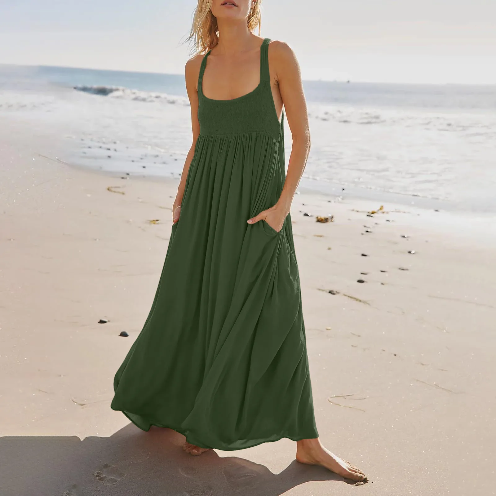 Vestidos colgantes de gasa con cintura delgada para mujer, vestido de gasa holgado con abertura lateral, vestidos semiformales flojos para playa, Verano