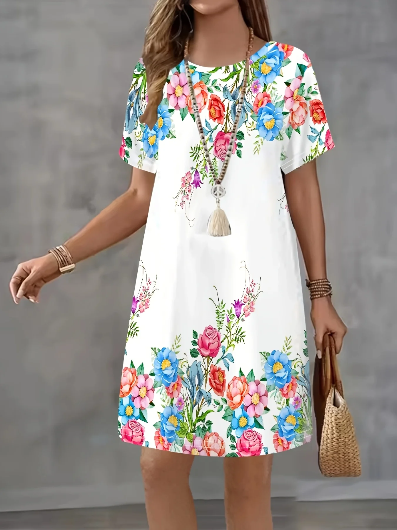 Women'S Floral Print Short Sleeve Mini Dress Casual Loose Fit Summer Dress with Vibrant Flowers Perfect for Streetwear Y2k Cloth