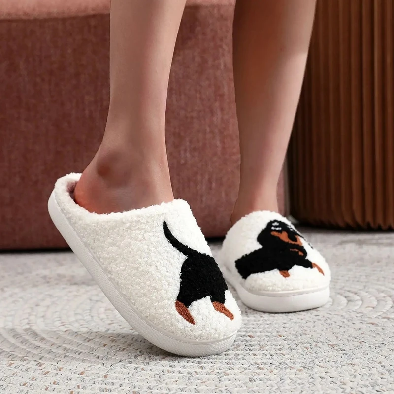 Pet Pattern Dachshund Embroidery stuffed Home Thick Sole plaid Furry Cotton Slippers Cute Warm Non-slip Indoor Slippers Pet Mom