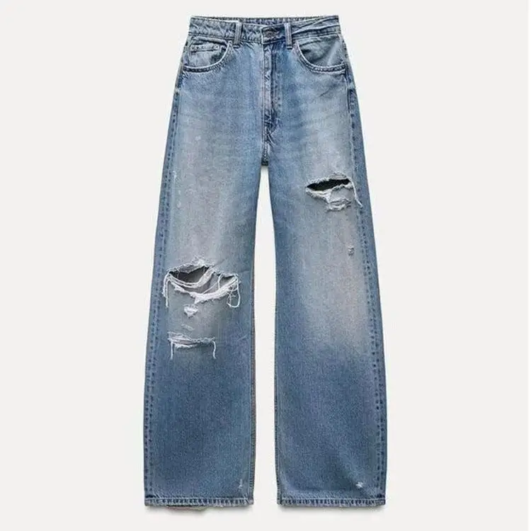 Lente nieuwe collectie dames losse mid-taille denim jeans decoratief gat casual sle lange broek comfortabele pasvorm damesjeans