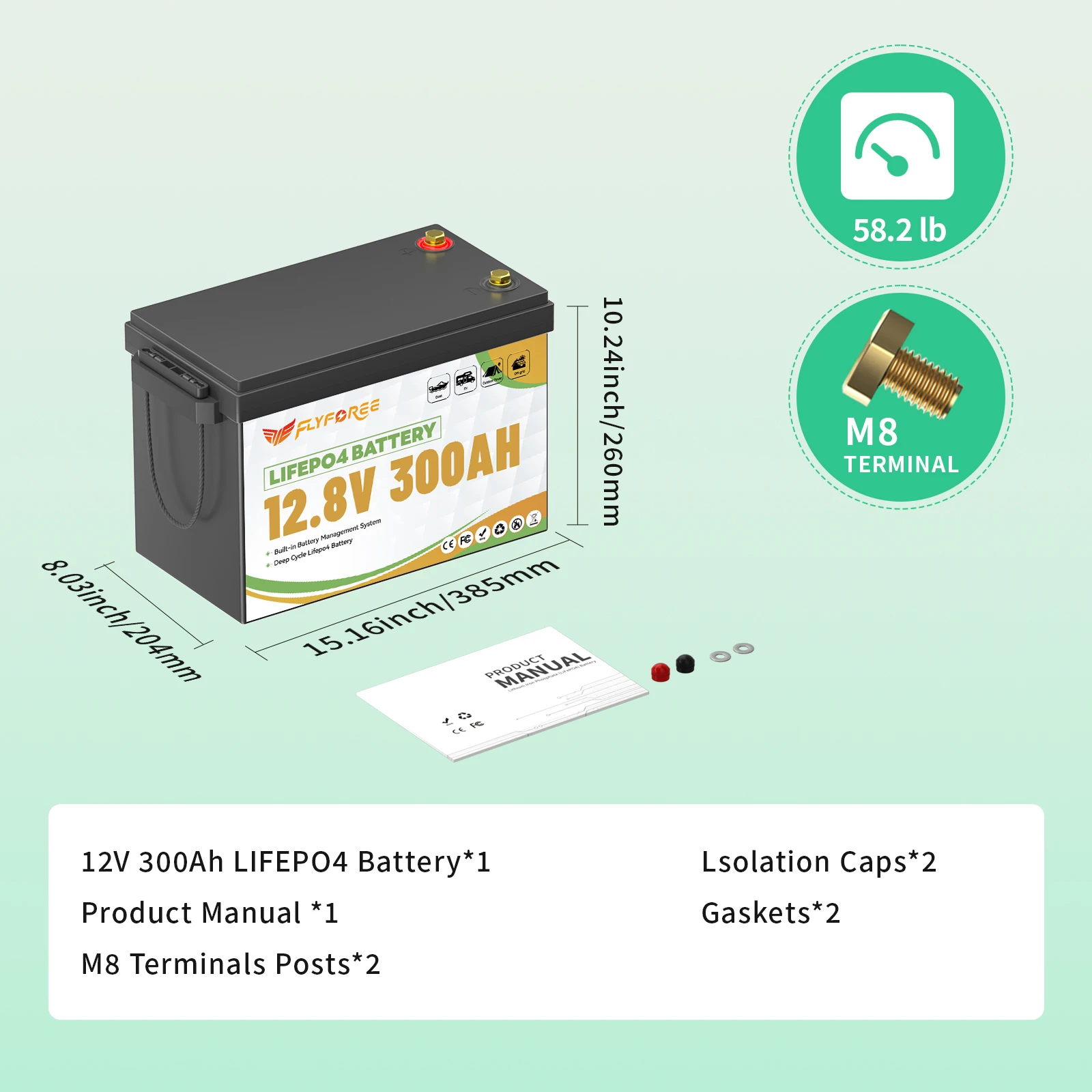 FLLYROWER 12V 300Ah LiFePO4 Lithium Battery Packs With 200A BMS LiFePO4 Battery For RV Boat Motor Solar Battery 8000+ Cycles