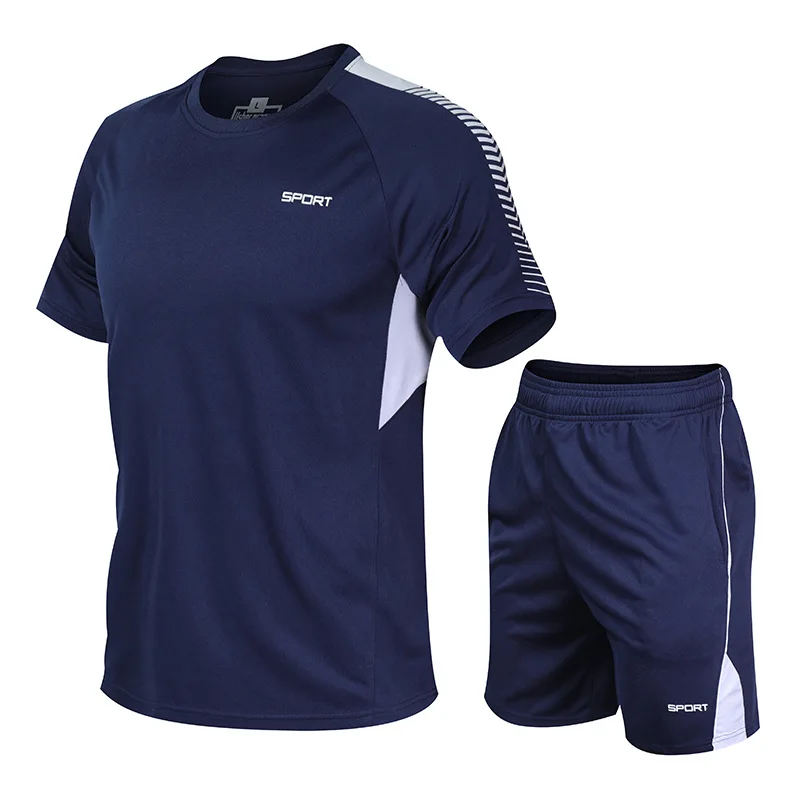 Summer Running Suit Men Quick Drying Breathable Plus Size Sports Set Loose Casual Fitness Short Sleeve Sportswear Two Pieces Set