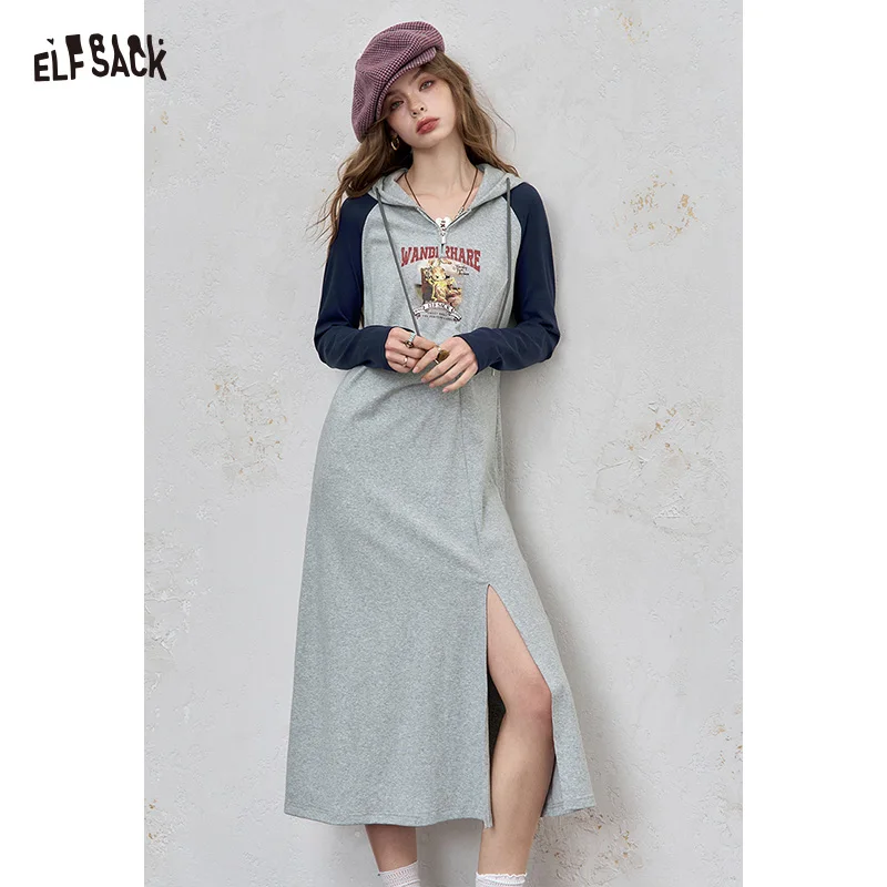 

ELFSACK 2025 Autumn New Arrival Casual Print Raglan Waist Tie Tee Dress Summer Outfit For Woman