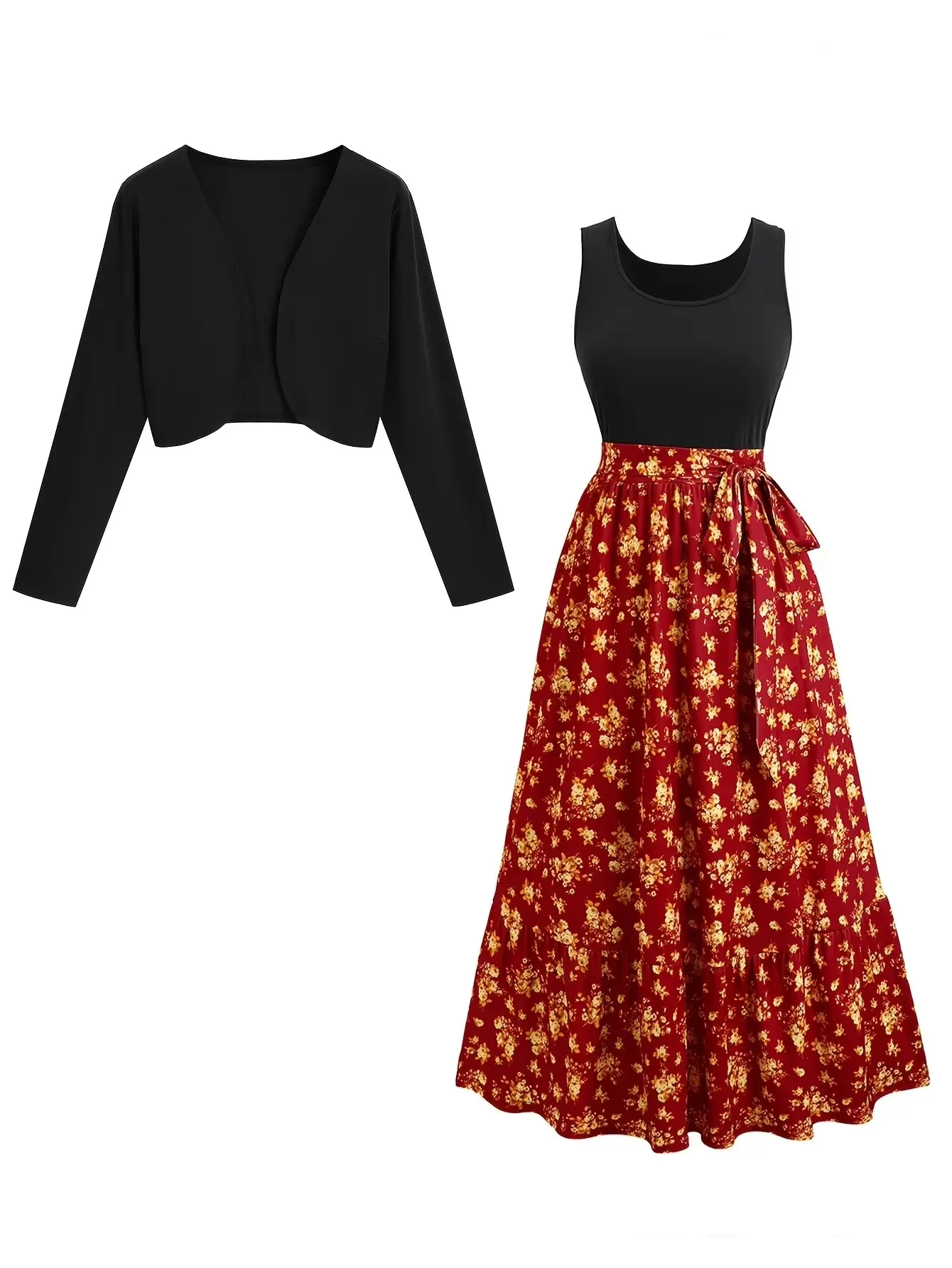 

plus Size Casual Beach-Style Girls Two-Piece Set Floral Vest Dress And Coat Popular in Europe And America