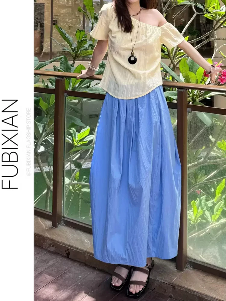 

Dopamine Blue High Waist Pleated Skirt Women's Summer Commute Loose Long Split Bloom Skirt Casual Style High Waist Design