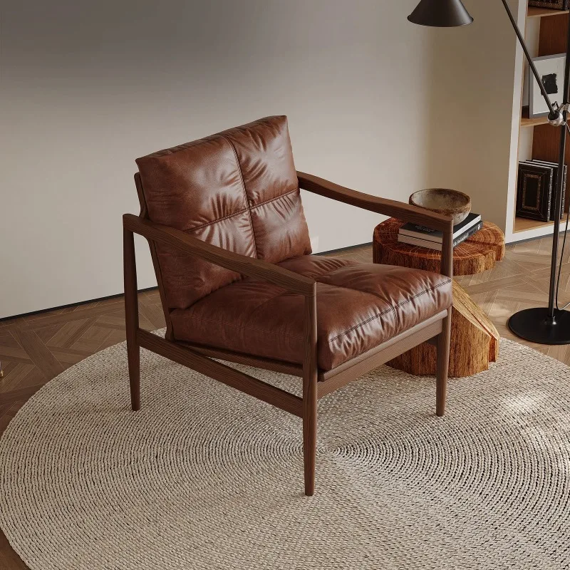 

Nordic solid wood single sofa chair modern simple living room balcony vintage single sofa chair vintage style